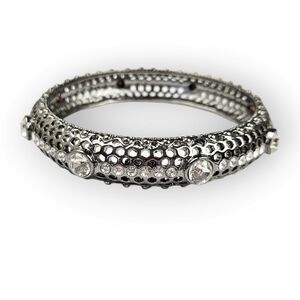 Rhinestone Bangle Bracelet Chunky Perforated Dark Silver Tone Curved ~9" Around